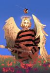 2026 5_fingers angel apple arms_bent beard black_eyebrows black_stripes blonde_hair blue_sky bottomwear clear_sky clothed clothed_humanoid clothed_male clothing colored day digital_drawing_(artwork) digital_media_(artwork) electric_guitar eyebrows eyes_closed facial_hair feathered_wings feathers fingers flower flower_field food fruit fully_clothed fully_clothed_humanoid fully_clothed_male glint grey_bottomwear grey_clothing grey_pants guitar hair halo hi_res humanoid humanoidized kurt_cobain light lighting male medium_hair musical_instrument not_furry outside pants pattern_clothing pattern_shirt pattern_topwear plant playing_guitar playing_music plucked_string_instrument real_world red_clothing red_flower red_shirt red_topwear shaded shirt sky solo soulfullhyena standing string_instrument striped_clothing striped_shirt striped_topwear stripes tan_body tan_skin tan_wings topwear winged_humanoid wings