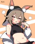  1girl absurdres animal_ear_fluff animal_ears arknights black_shirt black_skirt blush breasts brown_hair caper_(arknights) commentary_request crop_top cropped_shirt detached_hood ears_through_headwear hendra highres hood hood_up jacket long_sleeves looking_at_viewer navel open_mouth puffy_long_sleeves puffy_sleeves rabbit_ears rabbit_girl red_eyes ribbed_shirt shirt skirt sleeveless sleeveless_shirt small_breasts solo sweat v-shaped_eyebrows white_jacket 