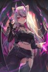  1girl amsu_(vtuber) animal_ear_fluff animal_ears asymmetrical_clothes belt black_belt black_horns black_jacket black_pants breasts chain chain_necklace character_name commentary_request commission eyebrow_piercing face_piercing facial_mark fang fire gradient_eyes grey_hair highres horns indie_virtual_youtuber jacket jewelry multicolored_eyes navel necklace open_clothes open_jacket pants piercing pink_eyes purple_fire single_pantsleg skeb_commission skin_fang skull_necklace solo stomach suzuhiro torn_clothes torn_pants virtual_youtuber whisker_markings wings 