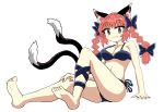  animal_ears bikini black_bikini black_bow black_ribbon bow breasts cat_ears cat_girl cat_tail chups closed_mouth extra_ears eyebrows_visible_through_hair fang highres kaenbyou_rin looking_at_viewer medium_breasts multiple_tails red_eyes red_hair red_nails ribbon swimsuit tail touhou two_tails white_background 
