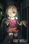  1girl absurdres artist_name belt black_thighhighs blonde_hair blood blood_on_clothes brown_belt caution_tape crimson_omen ear_piercing fang gears_of_war hair_over_one_eye highres hmax idolmaster idolmaster_cinderella_girls indoors long_sleeves looking_at_viewer multiple_belts night open_mouth parody piercing pink_shirt print_shirt red_eyes red_skirt resident_evil resident_evil_2 resident_evil_2_(remake) shirt short_hair skirt sleeves_past_fingers sleeves_past_wrists smile solo standing thighhighs title_parody 