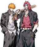  2boys abarai_renji absurdres alternate_costume baseball_bat belt black_jacket black_pants bleach blood blood_on_clothes blood_on_face blue_headband chest_tattoo collared_shirt commentary_request delinquent gakuran gold_buttons hair_between_eyes hand_in_pocket hands_in_pockets headband highres holding holding_baseball_bat jacket kurosaki_ichigo long_hair male_focus multiple_boys open_mouth orange_hair over_shoulder pants parted_bangs parted_lips red_hair red_shirt school_uniform shirt short_hair sleeves_rolled_up spiked_hair tattoo weapon weapon_over_shoulder white_background white_belt white_shirt xi_luo_an_ya 