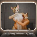 3d_(artwork) absurd_res anthro bathroom big_breasts breast_lick breast_play breasts brush brushing brushing_teeth canid canine caracal caracal_(genus) digital_media_(artwork) domestic_cat duo english_text faucet felid feline felis female fur hair head_grab hi_res holding_head holidays larger_female layla_(nathan_w) licking male male/female mammal mike_(nathan_w) mirror mixed_breed muscular muscular_male nathan_w nipples nude open_mouth orange_body orange_fur passionate reflection savannah_cat serval size_difference smile standing subtitled text tongue tongue_out toothbrush toothbrush_in_mouth valentine's_day white_body yellow_body yellow_fur