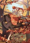  1girl aki_minoriko autumn autumn_leaves bangs barefoot blonde_hair blurry cupping_hands day depth_of_field dress falling_leaves floating food forest fruit grapes hair_ornament hat hat_ornament holding holding_leaf houraisan_chouko in_tree layered_dress leaf leaf_hair_ornament long_sleeves maple_leaf mob_cap nature outstretched_arms parted_lips red_headwear short_hair sky solo touhou tree tree_shade wide_sleeves 