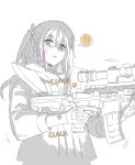  1girl ar-15 blue_eyes commentary_request girls'_frontline gun holding holding_gun holding_weapon long_hair multicolored_hair ningen_(ningen96) open_mouth rifle solo st_ar-15_(girls'_frontline) sweat upper_body weapon white_background 