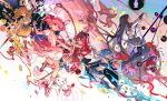  5girls akemi_homura akemi_homura_(magical_girl) beret black_boots black_hair black_pantyhose blonde_hair blue_eyes blue_hair blue_skirt blue_sleeves boots bow bow_(weapon) breasts bubble_skirt cape charlotte_(madoka_magica) closed_mouth color-coded corset creature detached_sleeves dress drill_hair full_body gloves gun hair_bow hairband hat highres holding holding_bow_(weapon) holding_polearm holding_sword holding_weapon holy_quintet kaname_madoka kaname_madoka_(magical_girl) knee_boots kyubey large_breasts long_hair long_sleeves looking_at_viewer magical_girl magical_musket_(madoka_magica) mahou_shoujo_madoka_magica mahou_shoujo_madoka_magica_(anime) mento miki_sayaka miki_sayaka_(magical_girl) multiple_girls pantyhose pink_dress pink_eyes pink_hair pink_shoes polearm puffy_short_sleeves puffy_sleeves red_boots red_dress red_eyes red_hair ribbon sakura_kyoko sakura_kyoko_(magical_girl) shadow shoes short_hair short_sleeves short_twintails skirt small_breasts smile soul_gem standing standing_on_one_leg striped_clothes striped_thighhighs sword thighhighs tomoe_mami tomoe_mami_(magical_girl) twin_drills twintails vertical-striped_clothes vertical-striped_thighhighs weapon white_cape white_gloves white_thighhighs yellow_eyes yellow_shoes yellow_skirt 