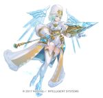  1girl attack blonde_hair blue_eyes breasts brooch cape capelet commentary_request copyright_notice earrings emblem fire_emblem fire_emblem_heroes fjorm_(fire_emblem) fjorm_(icy_miracle)_(fire_emblem) fur-trimmed_cape fur_hat fur_trim gloves green_eyes hat holding holding_polearm holding_weapon ice ice_skates ice_wings jewelry maeshima_shigeki medium_breasts multicolored_hair official_alternate_costume official_art parted_lips polearm short_hair short_hair_with_long_locks skates solo thighhighs weapon white_capelet wings 