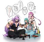  3boys ^_^ antenna_hair aqua_hair bottle chatan_nakiri chiyoganemaru closed_eyes cup godoo highres indian_style lavender_hair long_hair male_focus multiple_boys muscle open_mouth pink_hair ponytail pouring sakazuki sengo_muramasa_(touken_ranbu) sitting smile touken_ranbu translation_request very_long_hair 