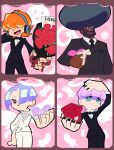  4boys absurdres afro black_hair black_nails blue_eyes blue_hair blunt_bangs blush bow bowtie brief_(psg) brothers dark-skinned_male dark_skin drawingmuscles facial_hair freckles garterbelt_(psg) gift girly_boy hair_over_eyes hair_over_one_eye happy happy_valentine headphones heart heaven_coin highres huge_afro looking_at_viewer male_focus multiple_boys necktie official_style open_mouth orange_hair panty_&amp;_stocking_with_garterbelt panty_&amp;_stocking_with_garterbelt_(style) pink_background pink_hair polyester_(psg) polyurethane_(psg) priest purple_hair red_eyes short_hair siblings smile tuxedo valentine 