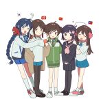  5girls ahoge axis_powers_hetalia b_b_8681 black_hair black_pantyhose black_serafuku black_shirt black_shoes black_skirt black_vest blue_hair blue_necktie blue_skirt blush bow braid brown_eyes brown_hair brown_jacket brown_pantyhose cellphone china_(female)_(hetalia) china_(hetalia) closed_mouth clothes_down collared_shirt colored_inner_hair commentary_request diamond_mouth double_bun flower full_body genderswap genderswap_(mtf) green_jacket green_necktie green_skirt hair_between_eyes hair_bow hair_bun hair_flower hair_ornament hand_on_another's_shoulder hand_up highres holding holding_phone hong_kong_(female)_(hetalia) hong_kong_(hetalia) hong_kong_regional_flag hug hug_from_behind huge_ahoge jacket japan_(female)_(hetalia) japan_(hetalia) japanese_flag korea_(female)_(hetalia) korea_(hetalia) lapels long_hair long_sleeves looking_at_another looking_at_viewer miniskirt multicolored_hair multiple_girls neckerchief necktie one_eye_closed open_clothes open_jacket open_mouth own_hands_together pantyhose people's_republic_of_china_flag phone pink_flower pink_hair pink_neckerchief pink_shoes pleated_skirt puffy_long_sleeves puffy_sleeves red_bow red_shoes sailor_collar school_uniform serafuku shirt shoes short_hair short_sleeves sidelocks simple_background single_braid skirt smartphone smile sneakers socks south_korean_flag standing taiwan_(hetalia) track_jacket v-shaped_eyebrows vest white_background white_jacket white_shirt white_shoes white_socks yellow_eyes zipper 