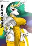  absurd_res anthro anthrofied big_breasts breasts crown english_text equid female friendship_is_magic hand_on_hip hi_res horn looking_at_viewer mammal my_little_pony princess_celestia_(mlp) royalty simple_background skyart301 solo text white_background wide_hips winged_unicorn wings 