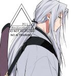  1boy aqua_eyes closed_mouth commentary_request final_fantasy final_fantasy_vii final_fantasy_vii:_ever_crisis grey_hair hair_tie highres japanese_clothes long_bangs long_hair looking_at_viewer low_ponytail male_focus official_alternate_costume official_alternate_hairstyle parted_bangs ponytail profile sephiroth sephiroth_(one_with_the_blade) solo twitter_username white_background yunyunonigiri 