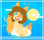  absurd_res anthro beverage big_breasts bikini breasts brown_hair bust_portrait canid canine canis cleavage clothed clothing domestic_dog female hair hi_res june_(jinu) mamaminxmeat mammal one_eye_closed peace_sign_(disambiguation) portrait sky solo straw sun swimwear wink 