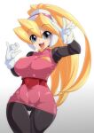  1girl blonde_hair blue_eyes bodystocking breasts ciel_(mega_man) commentary_request dress gloves high_ponytail large_breasts long_hair looking_at_viewer mega_man_(series) mega_man_zero_(series) open_mouth pink_dress ponytail semikichi simple_background smile solo tight_clothes tight_dress white_background 