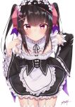  1girl absurdres alternate_costume bangs black_hair black_ribbon blush breasts cosplay detached_sleeves dress enmaided eyebrows_visible_through_hair frills hair_ornament highres long_hair looking_at_viewer maid maid_headdress niyu_n_iyun pink_ribbon re:zero_kara_hajimeru_isekai_seikatsu rem_(re:zero) rem_(re:zero)_(cosplay) ribbon senki_zesshou_symphogear signature simple_background solo thighhighs tsukuyomi_shirabe twintails white_background white_legwear x_hair_ornament 