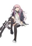  1girl ar-15 black_socks blue_eyes commentary_request girls'_frontline gun highres holding holding_gun holding_weapon multicolored_hair ningen_(ningen96) open_mouth rifle sitting socks solo st_ar-15_(girls'_frontline) weapon white_background 