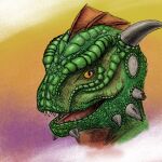 absurd_res anthro argonian bethesda_game_studios broken_horn digital_drawing_(artwork) digital_media_(artwork) facial_spikes femboylizard fin green_body green_scales head_fin hi_res horn huge_filesize humanoid male microsoft orange_eyes orange_neck pupils scales scalie simple_background skyrim slit_pupils smile solo spikes spikes_(anatomy) teeth_showing the_elder_scrolls