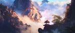  architecture blue_sky cloud commentary dragon dragon_horns east_asian_architecture eastern_dragon eastern_dragon_horns english_commentary flying gazebo horns landscape mountain mountainous_horizon no_humans original outdoors painterly scenery sky sylvain_sarrailh tree web_address 