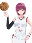  1girl ball basket basketball_(object) basketball_uniform commentary_request elbow_gloves gloves hand_on_own_hip heaven_burns_red highres holding holding_basket niz0r3 purple_hair red_eyes short_hair sportswear tezuka_saki 