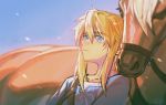 1boy alzi_xiaomi animal bangs belt blonde_hair blue_eyes blue_sky brown_belt closed_mouth collarbone eyebrows_visible_through_hair eyes_visible_through_hair hair_between_eyes highres horse light link long_hair looking_away male_focus messy_hair outdoors sky solo sunlight the_legend_of_zelda the_legend_of_zelda:_breath_of_the_wild thick_eyebrows upper_body 