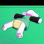 2025 3_fingers 3_toes ambiguous_gender anthro artist_name bodily_fluids bovid caprine clothing darkner deltarune diaper feet fingers floppy_ears full-length_portrait fur genital_fluids goat head_horn heart_symbol hi_res horn lying male_(lore) mammal multicolored_clothing multicolored_shirt multicolored_topwear on_front pawpads pink_horn pink_pawpads pink_scarf portrait ralsei redraw scarf shaded shadyadi shirt signature solo striped_diaper text toes topwear two_tone_clothing two_tone_shirt two_tone_topwear unclean_diaper undertale_(series) urine used_diaper wet_diaper white_body white_fur