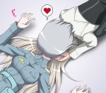  2girls blush breasts eila_ilmatar_juutilainen grey_hair heart hiro_yoshinaka kiss large_breasts long_hair lying military military_uniform multiple_girls on_back sanya_v_litvyak shiny shiny_hair short_hair speech_bubble strike_witches trembling uniform white_hair world_witches_series yuri 