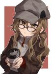  1girl absurdres aisu_(ahono_ice) black-framed_eyewear border brown_eyes brown_hair brown_jacket cup disposable_coffee_cup disposable_cup glasses grey_hat grey_sweater hands_up hashtag-only_commentary hat highres holding holding_cup jacket long_hair looking_at_viewer low_ponytail melania_(reverse:1999) newsboy_cap outside_border parted_lips ponytail red_background reverse:1999 solo sweater turtleneck turtleneck_sweater upper_body white_border 