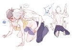  2boys all_fours anger_vein back black_hair blush chinese_commentary commentary_request grey_hair hand_on_own_chest highres ikari_shinji looking_at_another male_focus multiple_boys nagisa_kaworu neon_genesis_evangelion nipples pants short_hair shorts shouting simple_background speech_bubble spoken_squiggle squiggle ssssenferda tank_top topless_male undressing_another white_background yaoi yellow_tank_top 