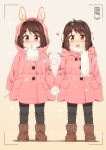  2girls animal_ear_hood animal_ears battery_indicator black_pants boots breath brown_boots brown_eyes brown_hair child coat earmuffs fake_animal_ears fringe_trim full_body grey_background heart highres holding_hands hood hood_down hood_up hooded_coat looking_at_viewer matching_outfits multiple_girls open_mouth original pants pink_coat scarf siblings sisters smile standing straight-on takkun_(alicesoft) twins viewfinder white_scarf winter_clothes 