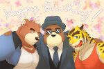  2026 3:2 anthro bear casual_clothing clothing english_text fancy_clothing felid floral_print group juuichi_mikazuki kenji_mikazuki male male/male mammal morenatsu pantherine red_clothing red_shirt red_tank_top red_topwear shirt simple_background tank_top text tiger topwear torahiko_ooshima trio wo 