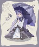  1girl ascot border bow bowtie center_frills commentary cup drill_hair drill_sidelocks frills gem grey_border hair_between_eyes hairband highres holding holding_umbrella long_hair mole mole_under_eye oekaki_2525niko open_mouth purple_ascot purple_bow purple_bowtie purple_gem purple_hair purple_hairband purple_umbrella red_eyes sidelocks sitting solo umbrella untranslatable_commentary vivian_banshee zenless_zone_zero 