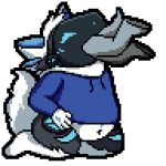 1:1 2d_animation abdominal_bulge alpha_channel ambiguous_gender ambiguous_pred ambiguous_prey animated anthro anthro_pred black_outline blue_body blue_clothing blue_fur blue_topwear blush bottomless bottomless_anthro bottomless_male canid canine canis clothed clothing digital_media_(artwork) duo eyes_closed fur grey_body grey_fur head_tuft heart_symbol kneeling low_res machine male mammal navel oral_vore outline pixel_(artwork) pixel_animation protogen protogen_visor simple_background smile softfoxxo struggling struggling_prey tail topwear transparent_background tuft vore white_body white_fur wide_eyed wolf