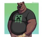 anthro bear belly big_nose black_clothing black_shirt black_topwear blush blush_lines bottomwear brown_bear brown_body brown_fur clothing creeper_(minecraft) dynogreeno fur gradient_background green_background green_eyes hand_in_pocket hi_res male mammal microsoft minecraft mojang muscular muscular_male one_eye_closed overweight overweight_male piercing pockets shirt simple_background smile solo topwear ursine white_background wink xbox_game_studios