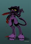 abstract_background absurd_res anthro beret blood blood_drip bodily_fluids boots clothing complementary_colors contrast domestic_cat dramatic dramatic_pose dripping felid feline felis female footwear halftone hard_shadows hat headgear headwear hi_res jacket long_tail mammal melee_weapon mono_(gatonejo) oversized_clothing paws purple_body scissors shoes solo sword tail topwear turkojar weapon yellow_eyes
