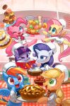  6+girls :d ;d animal_ears apple apple_pie applejack aqua_eyes blonde_hair blue_eyes blue_necktie blunt_bangs blush book bottomless bowl brass_stars buttons cake chef chef_hat comic_cover commentary_request cooking cover cover_image cover_page curly_hair cutie_mark donut english_commentary feathered_wings fluttershy food freckles fruit furry furry_female glowing green_eyes hands_on_own_face hat highres holding holding_book holding_plate holding_tray hooves horns horse_ears horse_girl horse_tail indoors kitchen long_hair low-tied_long_hair mane_six_(my_little_pony) mixed-language_commentary muffin multicolored_hair multiple_girls my_little_pony my_little_pony:_friendship_is_magic my_little_pony_(idw) necktie official_art one_eye_closed pie pink_hair pink_necktie pinkie_pie plate purple_eyes purple_hair purple_necktie rainbow_dash rainbow_hair rarity_(my_little_pony) reading red_eyes red_necktie shirt single_horn smile standing standing_on_one_leg stool streaked_hair tablecloth tail telekinesis tray twilight_sparkle uneven_eyes unicorn_girl unicorn_horn whisk white_hat white_shirt wings 