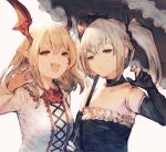  2girls :d black_choker black_gloves black_hairband blonde_hair bowler_hat choker doll_joints elbow_gloves expressionless fangs flower frills gloves granblue_fantasy hairband half-closed_eyes hat head_wings joints lace-trimmed_umbrella long_hair looking_at_viewer multiple_girls n.a. open_mouth orchis outstretched_hand parasol pointy_ears red_eyes rose sidelocks silver_hair smile twintails umbrella upper_body vampy white_background 