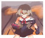  1girl black_dress black_gloves blood blood_from_forehead blood_on_arm blood_on_face commentary commission cowboy_shot dress english_commentary explosive girls'_frontline gloves grenade grey_hair holding holding_grenade inkerton-kun looking_at_viewer neck_ribbon parted_lips red_ribbon ribbon second-party_source short_dress short_hair short_sleeves smile solo torn_clothes torn_dress torn_sleeve two-tone_dress v-shaped_eyebrows vector_(girls'_frontline) white_dress yellow_eyes 