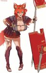  1girl absurdres ahoge animal_ear_fluff animal_ears armor artist_name breasts cleavage commission diamond-shaped_pupils diamond_(shape) gladiator_sandals gladius green_eyes highres holding large_breasts leaning_forward mozumi_pichi mozumi_pichi_(roman) open_mouth orange_hair pink_pupils pixiv_commission roman_armor sandals scutum shield sweat sword symbol-shaped_pupils tomatoketchup96 v-dere virtual_youtuber weapon white_background 