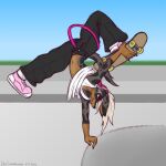 2026 anthro baseball_cap blonde_hair bottomwear brown_body brown_fur canid canid_demon canine canis clothing dachshund dansharkman demon denim denim_bottomwear denim_clothing digital_drawing_(artwork) digital_media_(artwork) domestic_dog english_description female footwear fur hair hat headgear headwear hellhound hi_res humanoid_hands hunting_dog hybrid jeans long_hair looking_at_viewer mammal markings midriff mythological_canine mythological_creature mythology navel oversized_bottomwear oversized_clothing oversized_pants pants pepper_(dansharkman) pink_clothing pink_footwear pink_shoes pink_sneakers pupils red_sclera shirt shoes sideways_baseball_cap skate_park skateboard skateboarding slit_pupils sneakers solo spots spotted_body spotted_fur tank_top topwear upside_down vehicle white_clothing white_eyes white_shirt white_tank_top white_topwear