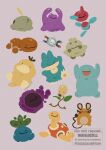  absurdres bellsprout closed_mouth commentary_request dedenne ditto gastly gulpin highres magnemite munchlax no_humans o3o oddish open_mouth pokemon pokemon_(creature) porygon-z quagsire shroomish shuckle simple_background smile solid_circle_eyes transformed_ditto trapinch twitter_username watermark zozozoshion 