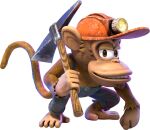  3d artist_request blue_overalls brown_eyes brown_fur denim denim_overalls donkey_kong_(series) donkey_kong_bananza fingernails helmet holding holding_pickaxe mining_helmet monkey official_art orange_helmet overalls pickaxe prospector_monkey scratches smile tail teeth third-party_source toenails transparent_background 