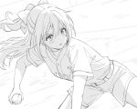  1girl ball baseball_(object) baseball_jersey baseball_uniform commentary cowboy_shot floating_hair half_updo holding holding_ball jersey legs_apart long_hair looking_to_the_side love_live! love_live!_nijigasaki_high_school_idol_club osaka_shizuku pitching ponytail short_sleeves shorts skt_(ryxxxxx) solo sportswear standing untranslatable_commentary v-shaped_eyebrows 