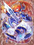  1girl :d black_pantyhose blue_cape blue_dress blue_eyes blue_gem breasts brown_background cape cleavage clip_studio_paint_(medium) commentary_request crossed_bangs dairoku_ryouhei dragon_girl dragon_horns dragon_tail dragon_wings dress feather_print feather_trim frilled_sleeves frills full_body gem glowing glowing_sword glowing_weapon gold_necklace gold_tiara gold_trim gown greatsword hair_between_eyes hand_up head_chain holding holding_sword holding_weapon horn_ornament horns jewelry layered_dress layered_sleeves long_dress long_hair long_sleeves looking_at_viewer medium_breasts necklace orange_hair orange_tail orange_wings outline pantyhose pearl_(gemstone) pleated_dress pointing pointing_at_viewer pointing_melee_weapon pointing_sword pokira print_dress puffy_sleeves red_horns shoes short_over_long_sleeves short_sleeves smile solastybell_grassrun solo sparkle spread_wings standing sword tail tail_ornament tail_ring tiara two-tone_dress very_long_hair weapon white_dress white_outline white_shoes white_sleeves wing_ornament wings 