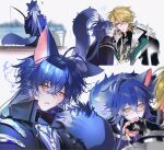  2boys animal_ears antenna_hair armor artist_name biting_another's_finger black_collar black_gloves black_jacket black_shirt blonde_hair blue_eyes blue_hair blue_tail blurry blush breastplate bucket cat_boy cat_ears cat_tail closed_eyes collar colored_inner_animal_ears commentary couple crossed_bangs dot_nose ears_down eighth_note english_commentary english_text expressionless fang fang_out fingerless_gloves fishing fishing_line fishing_rod flins_(genshin_impact) fluffy_tail fur-trimmed_jacket fur_trim genshin_impact gloves hair_between_eyes highres holding holding_fishing_rod jacket kemonomimi_mode lapels long_hair male_focus mullet multiple_boys multiple_views musical_note notched_lapels one_ear_down parted_lips pov pov_hands scar scar_on_cheek scar_on_face scar_on_hand shirt short_hair simple_background sitting smelling sound_effects squeans tail tail_raised to_ko varka_(genshin_impact) whiskers white_background yaoi yellow_eyes 