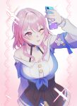  1girl ;d aoiabyss bare_shoulders black_choker black_skirt blue_eyes blue_skirt bra_strap breasts cellphone choker cleavage commentary_request highres holding holding_phone honkai:_star_rail honkai_(series) march_7th_(honkai:_star_rail) march_7th_(preservation)_(honkai:_star_rail) multicolored_eyes off-shoulder_shirt off_shoulder one_eye_closed open_mouth phone pink_hair purple_eyes shirt short_hair skirt smartphone smile solo spanish_commentary two-tone_eyes upper_body white_shirt 
