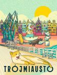 2025 agnieszka_delew ambiguous_gender black_body black_fur blue_sky domestic_cat felid feline felis feral fur grey_body grey_fur group hi_res mammal polish_description polish_text sculpture shadow sky statue tagme text traced translated_description yellow_body yellow_fur yellow_sun