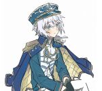  1boy androgynous aqua_eyes aqua_hat aqua_jacket black_gloves blue_jacket blush edgar_valden gloves hat identity_v jacket looking_ahead male_focus official_alternate_costume pants sitting solo ttptg6 white_hair white_pants 