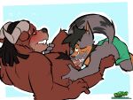  4:3 anthro anthro_on_anthro balls blush bodily_fluids brown_bear brown_body brown_fur canid canine canis clothed clothing cum cum_in_mouth cum_inside cum_on_face digital_media_(artwork) duo fur genital_fluids genitals grizzly_bear hi_res horn hybrid male male/male mammal oral partially_clothed penis procyonid raccoon saliva saliva_drip saliva_on_penis saliva_on_tongue simple_background size_difference slightly_chubby smile spread_legs spreading sweat tongue tongue_out torquewintress umber_(oskube) ursid ursine wolf 