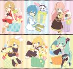  2boys 4girls :o :p ;d aqua_hair aqua_nails bare_arms belt bird black_sailor_collar black_shorts black_skirt blonde_hair blue_eyes blue_hair blue_scarf boots bow breasts brown_belt brown_eyes brown_footwear brown_hair bug bunny butterfly cat chibi cleavage closed_eyes closed_mouth coat commentary_request cupcake detached_sleeves eyebrows_visible_through_hair fang flower_(symbol) food green_bow hair_ornament hairband hairclip hands_together hatsune_miku headset highres insect kagamine_len kagamine_rin kaito leg_warmers letter long_hair long_sleeves looking_at_viewer megurine_luka meiko midriff multiple_boys multiple_girls navel necktie one_eye_closed open_mouth own_hands_together panda pants pink_bow pink_hair polka_dot polka_dot_bow ponytail red_nails red_shirt red_skirt sailor_collar scarf sheep shirt shoes short_hair short_sleeves shorts shorts_under_skirt shoulder_tattoo side_slit sitting skirt sleeveless sleeveless_shirt smile striped striped_background tattoo thigh_boots thighhighs tongue tongue_out very_long_hair vocaloid white_belt white_footwear white_hairband yellow_neckwear yoshiki 