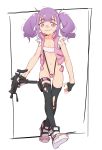  1girl absurdres bandaid bandaid_on_nose bandeau black_legwear copyright_request drill_hair eds eyebrows_visible_through_hair fingerless_gloves flat_chest full_body gloves gun highres holding holding_gun holding_weapon imi_uzi jacket messy_hair navel purple_eyes purple_hair slingshot_swimsuit solo submachine_gun swimsuit thighhighs torn_clothes torn_legwear twin_drills weapon white_background 